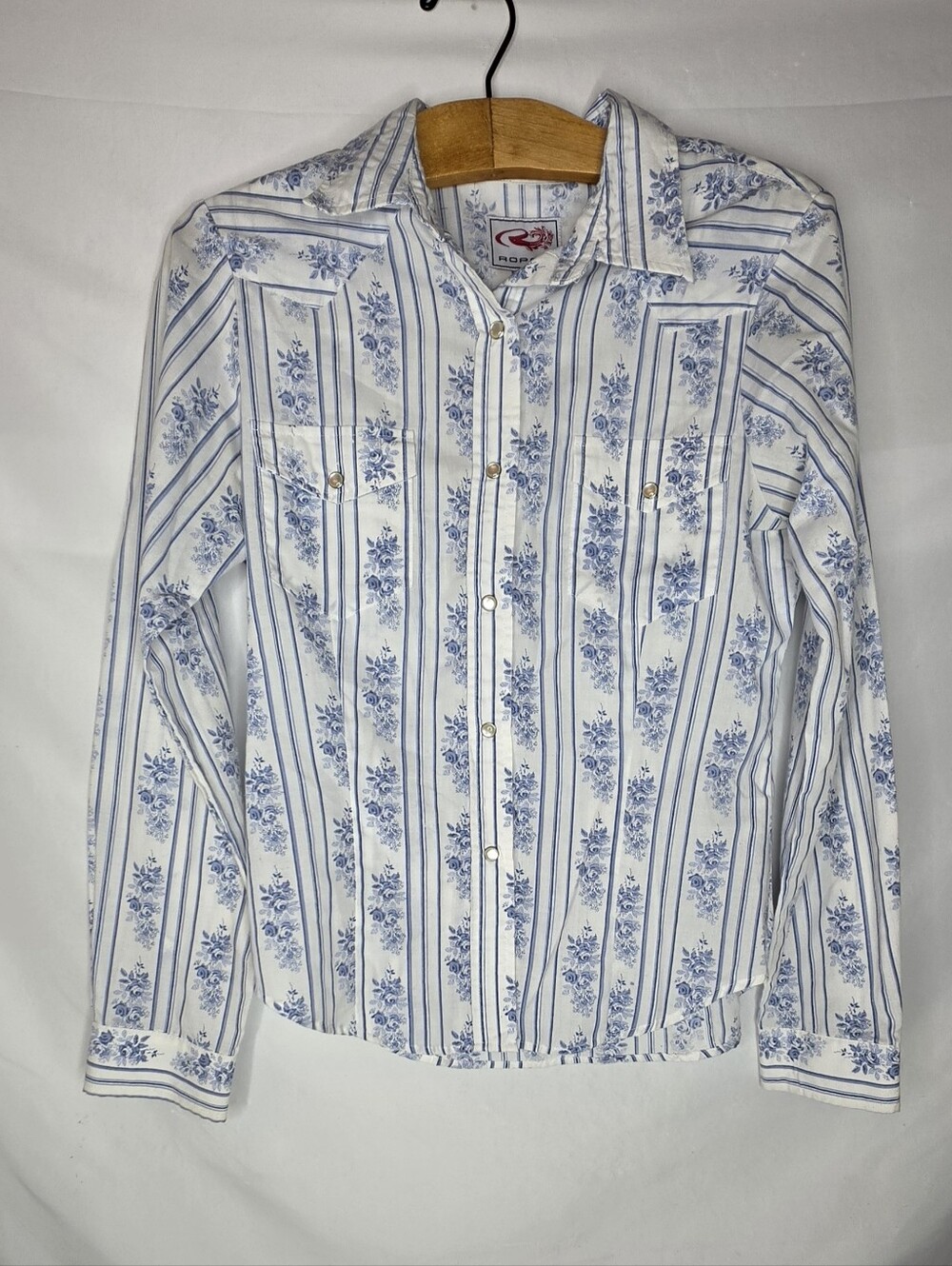 Roper Womens S Pearl Snap Western Shirt Blue Floral Stripe Cowgirl Rodeo Tops